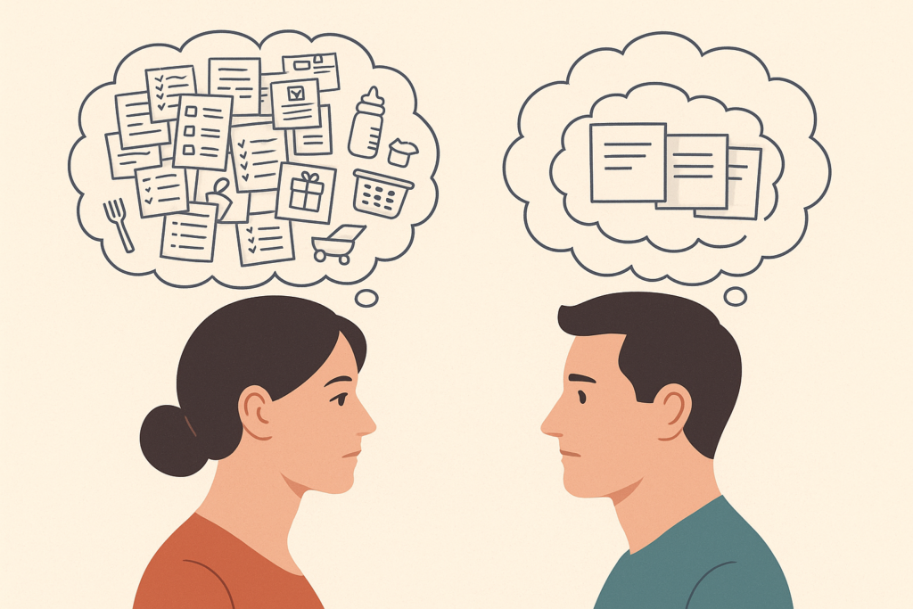 Illustration bei der eine Frau mit einer vollen und ein Mann mit einer weniger vollen Gedankenblase dargestellt wird