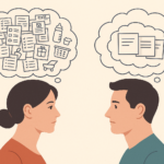 Illustration bei der eine Frau mit einer vollen und ein Mann mit einer weniger vollen Gedankenblase dargestellt wird