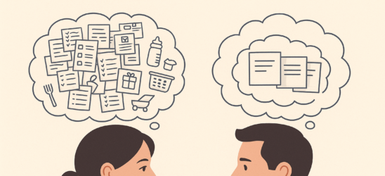 Illustration bei der eine Frau mit einer vollen und ein Mann mit einer weniger vollen Gedankenblase dargestellt wird