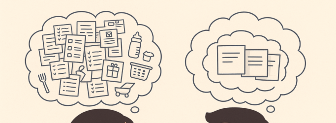 Illustration bei der eine Frau mit einer vollen und ein Mann mit einer weniger vollen Gedankenblase dargestellt wird